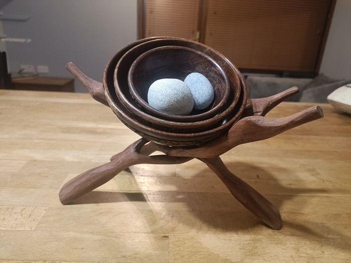 (Move out sell-see my other low priced ads) Handcrafted Wooden Bowl Set with Folding Stand