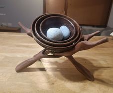 (Move out sell-see my other low priced ads) Handcrafted Wooden Bowl Set with Folding Stand