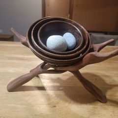 (Move out sell-see my other low priced ads) Handcrafted Wooden Bowl Set with Folding Stand