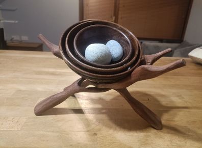 (Move out sell-see my other low priced ads) Handcrafted Wooden Bowl Set with Folding Stand