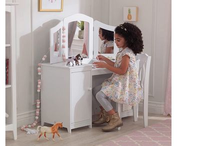 Wooden Vanity and Chair with Mirror and Storage Kids Children's Playroom/Bedroom Furniture