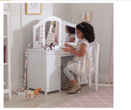 Wooden Vanity and Chair with Mirror and Storage Kids Children's Playroom/Bedroom Furniture