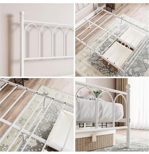 Double Metal Bed Frame 135 x 190 cm with Headboard and Footboard Heavy Duty Foundation,Metal Slat Support,White,