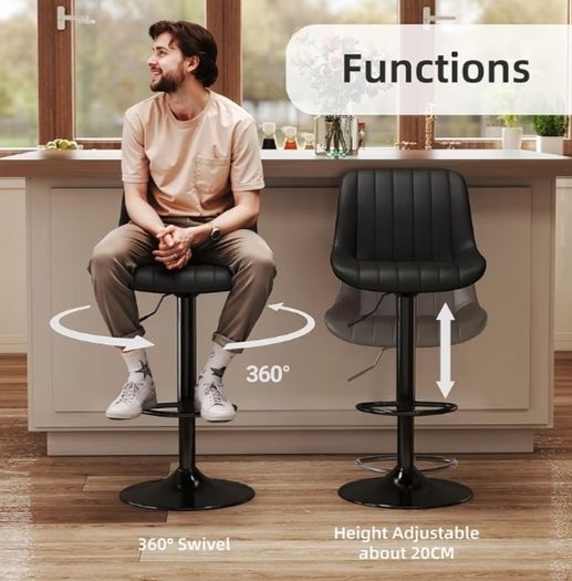 Bar Stools Set of 2, Swivel Counter Height Barstools with Back, Adjustable PU Leather Bar Chairs, Modern Armless Kitchen Island Stool, Black