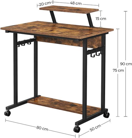 Computer Desk with Wheels with Monitor Attachment 6 Hooks 80 x 50 x 90 cm Industrial Design Vintage Brown/Black