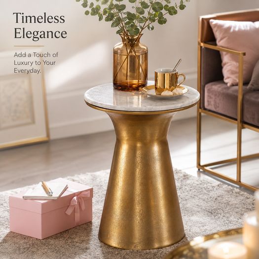 Marble Side Table with Real White Marble Top and Gold Aluminium Base 35 cm