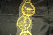 3 Old Brass Horse Medallions mounted on a strap, Postage Available,