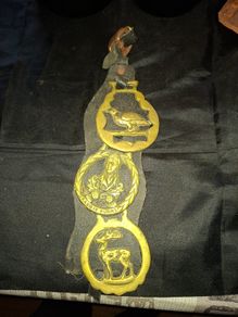 3 Old Brass Horse Medallions mounted on a strap, Postage Available,