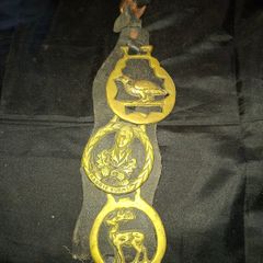 3 Old Brass Horse Medallions mounted on a strap, Postage Available,