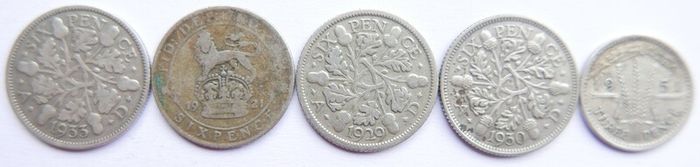 Vintage Silver Coins Six Pence 1921-1929-1930-1933 and 3 Pence 1951 12,3g