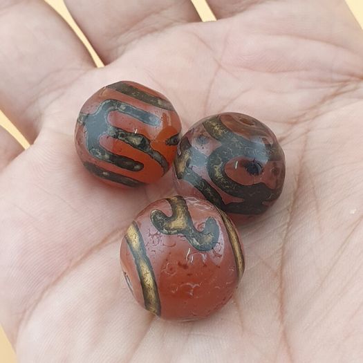 Vintage Lot of 3 Etched Carnelian Agate Unique Pattern Beads Lot