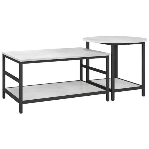 Coffee table set, 2 side tables, marble-look, adjustable feet, steel, Black White