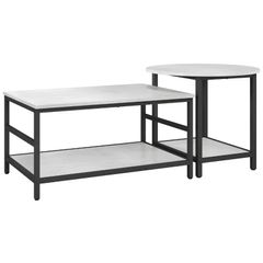 Coffee table set, 2 side tables, marble-look, adjustable feet, steel, Black White
