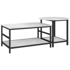Coffee table set, 2 side tables, marble-look, adjustable feet, steel, Black White