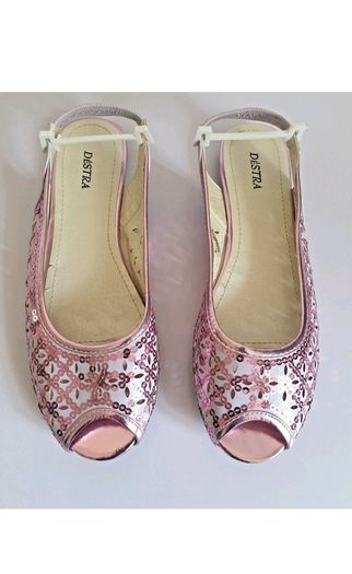 DESTRA Pink Sequin Embellished Peep Toe Slingback Flat Sandals UK3 EU36 BNIB CAN POST