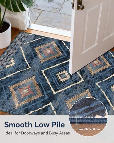 Machine Washable Large Rugs Living Room, 180x270 cm Non-Slip Area Rugs, Short Pile Blue Rug for Bedroom, Hallway, Bedroom, and Kitchen, Office, Blue