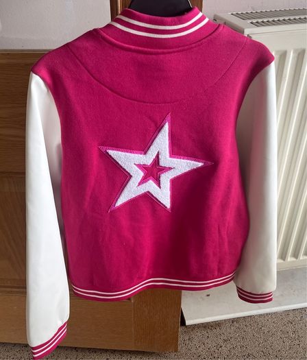 American Girl Star Squad berry coloured Varsity Jacket with white faux-leather sleeves Size M EUC