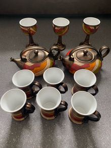 TriUshi Bulgarian Hand Made Ceramic Art Pottery Set Tea Mug Goblet Bulgaria