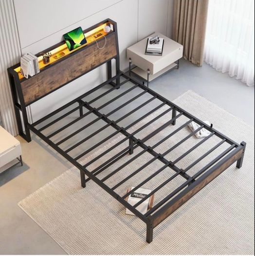 King Size Bed Frame with Wood Headboard Storage, Black Charging Station, LED Lights, Heavy Duty Metal Slats, Under Bed Storage,No Box Spring Needed,Easy Assembly