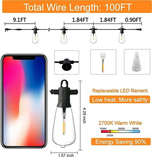 Outdoor String Lights Mains Powered, 100Ft ST38 Garden String Lights with 50+2Pcs LED Filaments Vintage Bulbs, Waterproof IP65 2700K Warm White for Patio Outside Party Wedding Backyard Terrace (FREE SHIPPING)
