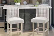 Set of 2 Bar Stools with Button Tufting, Solid Wood, incl. Footrest, 47 cm x 50 cm x 101 cm, Gray + Natural
