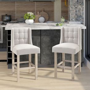 Set of 2 Bar Stools with Button Tufting, Solid Wood, incl. Footrest, 47 cm x 50 cm x 101 cm, Gray + Natural