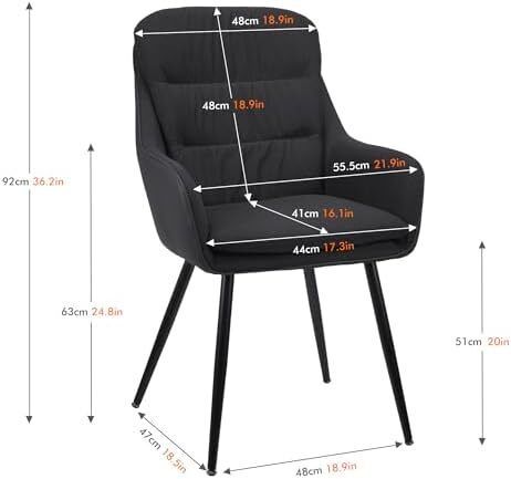Dining Chair Set of 2 with backrests, Thick Padded Seat armchairs, Easy-Clean Faux Leather and Linen, Sturdy Metal Legs kitchen chairs for Dining and Living Room(Black)