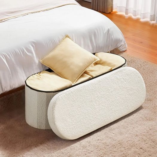 Beige Oval Storage Ottoman Bench, Foldable Teddy Fleece Upholstered Chest with Large Storage Space, 660 lb Capacity for Bedroom, Living Room & Entryway