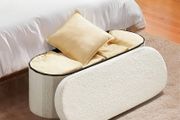 Beige Oval Storage Ottoman Bench, Foldable Teddy Fleece Upholstered Chest with Large Storage Space, 660 lb Capacity for Bedroom, Living Room &amp; Entryway