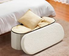 Beige Oval Storage Ottoman Bench, Foldable Teddy Fleece Upholstered Chest with Large Storage Space, 660 lb Capacity for Bedroom, Living Room & Entryway