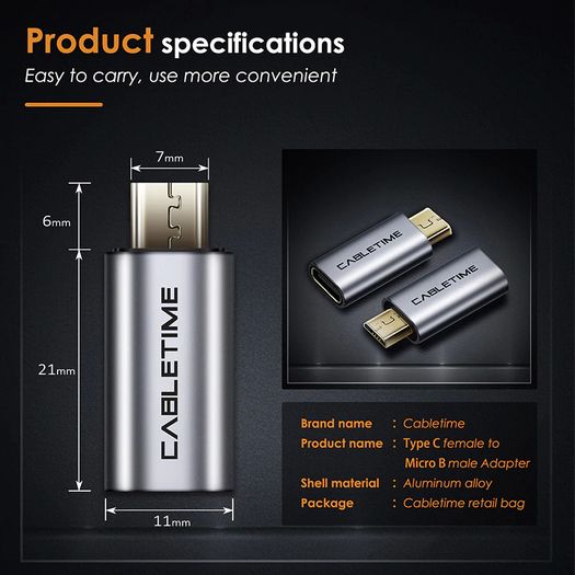 2 X Cabletime Aluminum Alloy OTG Micro USB (Male) to USB-C (Female) QC 3.0 Charger & Sync Adapter (Brand New/Warranty)