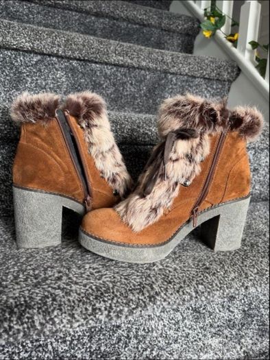 Premoli Brown Suede Fur Trim Chunky Heel Ankle Boots Size 38/UK 5