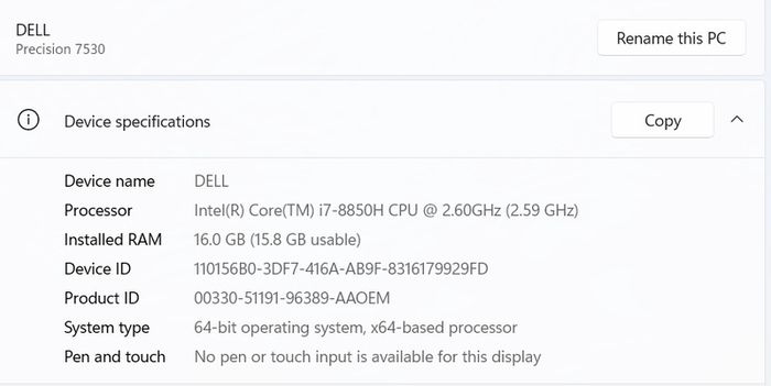 Dell Precision 7530 I7/16gb/256ssd/nvidia/win11