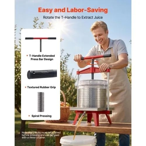 Fruit Wine Press, 3.96Gal/15L, Stainless Steel Manual Juice Maker, Heavy Duty T-Shaped Handle & Cross-beam for Cider Apple Grape Vegetable Press, with 2 Filter Bags, for Kitchen Home Brewing