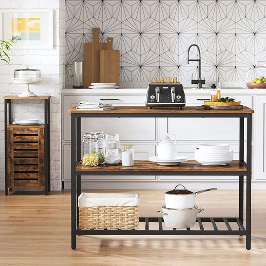 _Standing shelf, 120 x 60 x 90 cm, kitchen island with large worktop, dining table, kitchen shelf with 3 shelves, sturdy metal frame, vintage brown-black