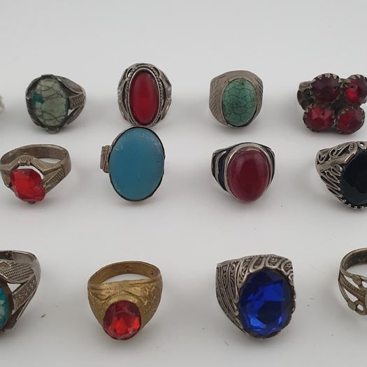 15 Rustic Brass Rings Mixed Traditional Glass & Stone Ring Collection