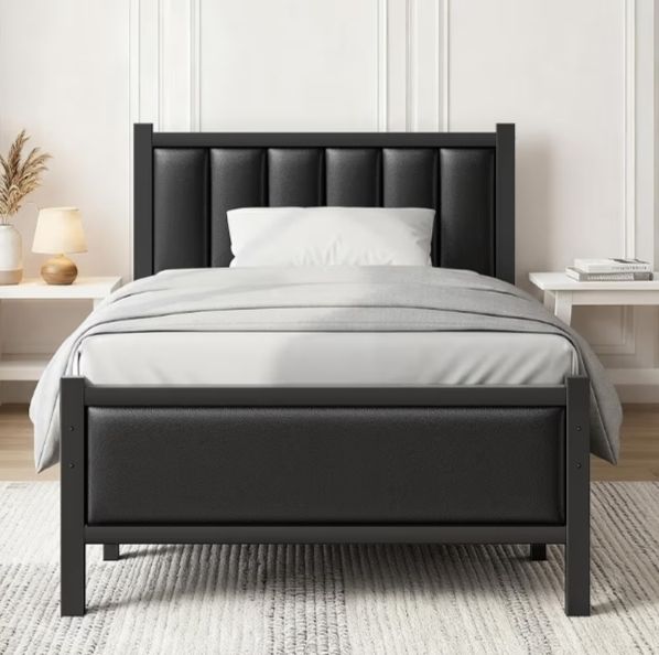Single Bed Frame with Upholstered Headboard, 3ft Metal Beds with Sturdy Steel Slats Support Platform, Black Single Bed with Storage, Noise Free, Easy Assembly, No Box Spring Needed