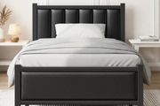 Single Bed Frame with Upholstered Headboard, 3ft Metal Beds with Sturdy Steel Slats Support Platform, Black Single Bed with Storage, Noise Free, Easy Assembly, No Box Spring Needed