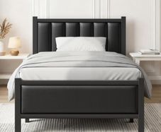 Single Bed Frame with Upholstered Headboard, 3ft Metal Beds with Sturdy Steel Slats Support Platform, Black Single Bed with Storage, Noise Free, Easy Assembly, No Box Spring Needed