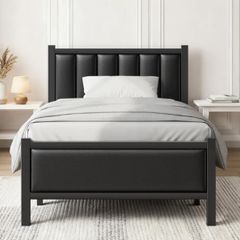 Single Bed Frame with Upholstered Headboard, 3ft Metal Beds with Sturdy Steel Slats Support Platform, Black Single Bed with Storage, Noise Free, Easy Assembly, No Box Spring Needed