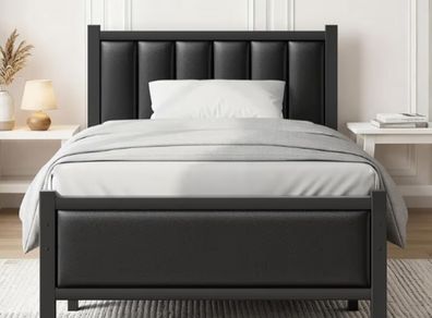 Single Bed Frame with Upholstered Headboard, 3ft Metal Beds with Sturdy Steel Slats Support Platform, Black Single Bed with Storage, Noise Free, Easy Assembly, No Box Spring Needed