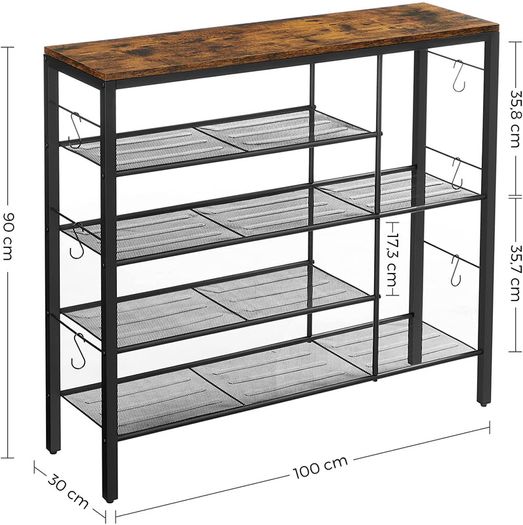 _shoe rack, for 14 pairs of shoes, for slippers, high heels, boots, in the entrance area, living room, bedroom, industrial style, vintage brown-black