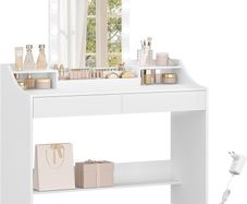 108 cm Dressing Table with LED Lighting, Adjustable Brightness, Dressing Table with Mirror, with 2 Drawers and 2 Open Compartments, Modern, White