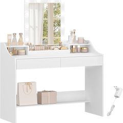 108 cm Dressing Table with LED Lighting, Adjustable Brightness, Dressing Table with Mirror, with 2 Drawers and 2 Open Compartments, Modern, White
