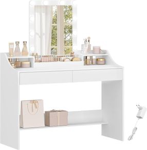 108 cm Dressing Table with LED Lighting, Adjustable Brightness, Dressing Table with Mirror, with 2 Drawers and 2 Open Compartments, Modern, White