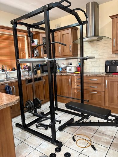 Beautiful Olympic Power Rack + Full Size Integrated Cable System, Olympic Weight, Dumbbells, Bench +