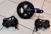 Shimano Sora 50-34T crankset + pedals (toeclips and straps)