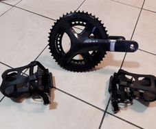 Shimano Sora 50-34T crankset + pedals (toeclips and straps)