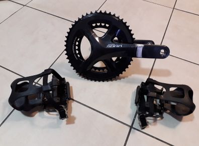 Shimano Sora 50-34T crankset + pedals (toeclips and straps)