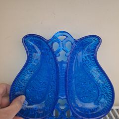 Vintage Turquoise Pressed Glass Twin Serving Dish